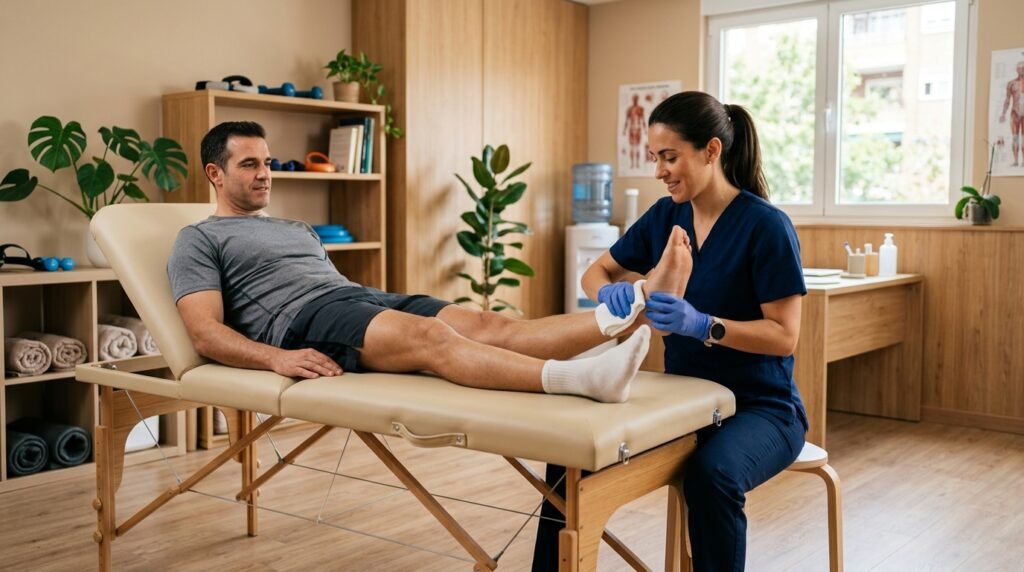 Fisioterapeuta tratando el tobillo de un paciente en clínica NOHO