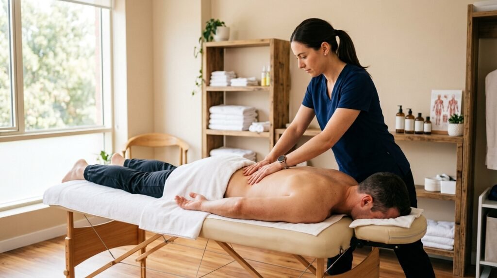 Fisioterapeuta tratando la zona lumbar de un paciente en clínica NOHO