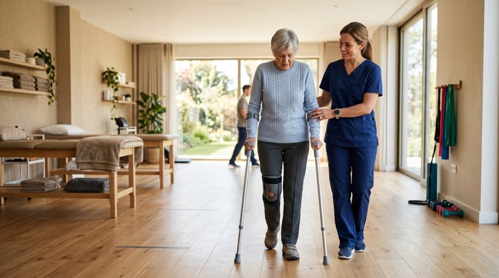 Fisioterapeuta ayudando a un paciente a caminar con muletas en rehabilitación postoperatoria en NOHO