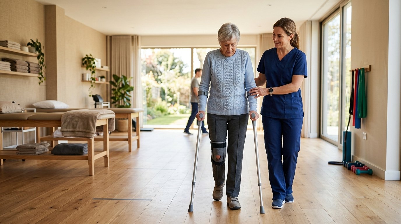Fisioterapeuta ayudando a un paciente a caminar con muletas en rehabilitación postoperatoria en NOHO