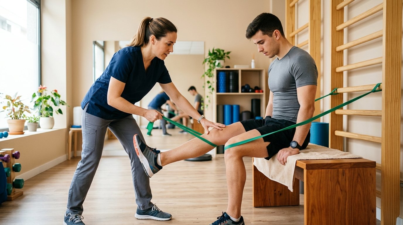 Fisioterapeuta guiando a un paciente deportista en un ejercicio de rehabilitación de rodilla en NOHO